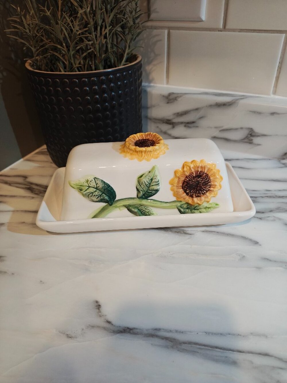 Vintage Ceramic Sunflower Butter Dish White Hand Painted Kitchen Decor